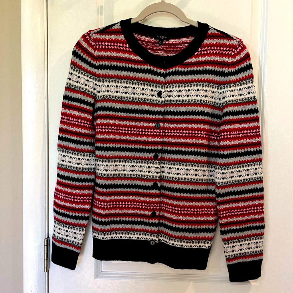 Talbots Lambswool Blend Button Front Fair Isle Cardigan Sz Pet. Sm Black/ Red
